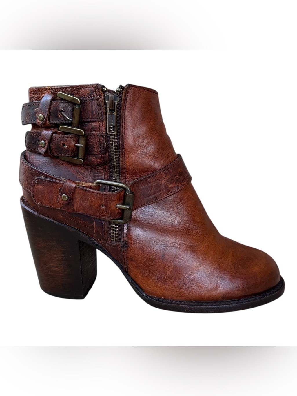 Freebird “Bolo” Cognac Leather Zip Ankle Boots W/ Buckles